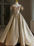 Pretty Ball Gown Off The Shoulder Gold Satin Long Ruffles Prom Dresses Sweet 16 Dresses HZ1024