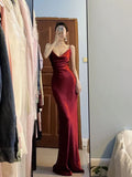 Pretty Mermaid Spaghetti Straps Burgundy Satin Long Floor Length Prom Dresses HZ1024