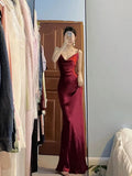 Pretty Mermaid Spaghetti Straps Burgundy Satin Long Floor Length Prom Dresses HZ1024