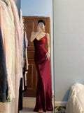 Pretty Mermaid Spaghetti Straps Burgundy Satin Long Floor Length Prom Dresses HZ1024