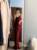 Pretty Mermaid Spaghetti Straps Burgundy Satin Long Floor Length Prom Dresses HZ1024