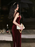 Gorgeous Mermaid Straps Burgundy Velvet Evening Dress Prom Dresses Birthday Outfits HZ1024