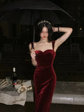 Gorgeous Mermaid Straps Burgundy Velvet Evening Dress Prom Dresses Birthday Outfits HZ1024