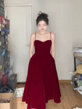 Gorgeous A line Spaghetti Straps Burgundy Velvet Evening Dress Prom Dresses Birthday Outfits HZ1024