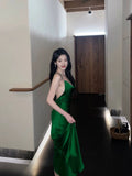 Vintage Mermaid Spaghetti Straps Green Satin Long Birthday Dress Prom Dresses HZ1024