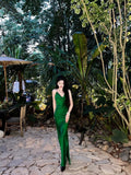 Vintage Mermaid Spaghetti Straps Green Satin Long Birthday Dress Prom Dresses HZ1024