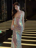 Vintage Mermaid Straps Sequin Backless Long Birthday Dress Prom Dresses HZ1024