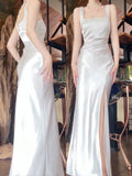Sexy Mermaid Square Neckline White Slit Long Evening Dress Prom Dresses Birthday Outfits HZ1024