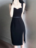 Elegant Sheath Straps Black Split Satin Prom Dress Birthday Outfits HZ1024