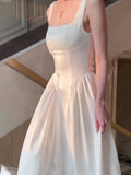 Vintage A Line Square Neckline White Sleeveless Satin Prom Dresses Birthday Party Dress HZ1024
