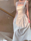 Vintage A Line Square Neckline White Sleeveless Satin Prom Dresses Birthday Party Dress HZ1024