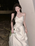 Vintage A Line Spaghetti Straps Satin Ivory Sleeveless Prom Dresses Birthday Party Dress HZ1024