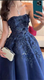 Vintage Ball Gown Strapless Navy Blue Satin Lace Long Evening Dress Prom Dresses HZ1024