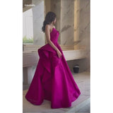 Pretty A Line Strapless Hot Pink Long Satin Evening Dress Prom Dresses With Ruffles HZ1024