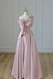 Pretty A line One Shoulder Pink Satin Evening Dress Prom Dresses With Bow HZ1024