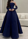 Pretty A line Strapless Navy Blue Long Prom Dress Evening Dress With Gloves HZ1024