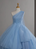 Pretty Ball Gown One Shoulder Tulle Blue Long Prom Dress, Blue Long Evening Dress HZ1024