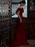 Sexy Mermaid Off The Shoulder Satin Long Burgundy Prom Dresses HZ1024