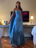 Sexy Sheath Strapless Blue Satin Prom Dresses Party Evening Dress With Ribbon HZ1024