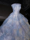 Fairytale A Line Strapless Light Sky Blue Tulle Sleeveless Prom Dress Evening Dresses HZ1024