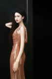 Sexy Sheath Straps Sequin Gold Prom Dresses Party Evening Dress With Ruffles HZ1024