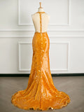 Sexy Mermaid Scoop Neckline Orange Sequin Prom Dresses Party Evening Dress With Beads HZ1024
