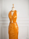Sexy Mermaid Scoop Neckline Orange Sequin Prom Dresses Party Evening Dress With Beads HZ1024