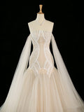 Vintage Mermaid Off The Shoulder Tulle Champagne Wedding Dresses With Pearls HZ1024