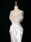 Vintage Mermaid Jewel Neckline White Satin Slit Wedding Dresses With Pearls HZ1024