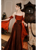Pretty Mermaid Spaghetti Straps Burgundy Long Prom Dresses Party Evening Dress HZ1024