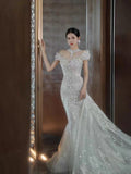 Timeless Mermaid Off The Shoulder White Tulle Sequin Long Wedding Dresses HZ1024