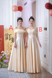 Champagne A Line Elegant Off The Shoulder Satin Long Bridesmaid Dress HZ1024