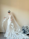 Dreamy White Mermaid Tulle Lace Applique With Veil Long Wedding Dresses HZ1024