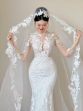 Dreamy White Mermaid Tulle Lace Applique With Veil Long Wedding Dresses HZ1024