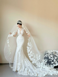 Dreamy White Mermaid Tulle Lace Applique With Veil Long Wedding Dresses HZ1024
