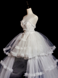 Princess Ball Gown Strapless Tulle Lace Tiered Long Wedding Dresses HZ1024