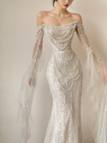 Gorgeous Mermaid Off The Shoulder Tulle Beaded Long Sleeves Long Wedding Dresses HZ1024