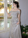 Elegant A Line Off The Shoulder Satin Sequin Long Bridesmaid Dress HZ1024
