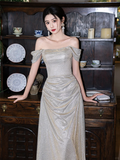 Elegant A Line Off The Shoulder Satin Sequin Long Bridesmaid Dress HZ1024