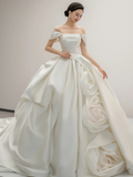Elegant Ball Gown Off The Shoulder Satin Flowers Long Wedding Dresses HZ1024