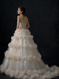 Princess Ball Gown Spaghetti Straps Champagne Tulle Sequin Long Wedding Dresses HZ1024