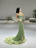 Green Elegant Mermaid Halter Satin Sequin Slit Long Prom Dresses HZ1024