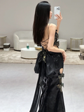 Unique Sexy Mermaid Spaghetti Straps Black Sequin Long Prom Dresses HZ1024