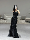 Unique Sexy Mermaid Spaghetti Straps Black Sequin Long Prom Dresses HZ1024