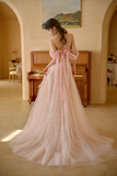 Pretty A Line Off The Shoulder Pink Satin Tulle Sequin Long Prom Dresses HZ1024