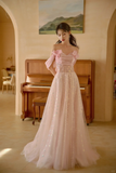 Pretty A Line Off The Shoulder Pink Satin Tulle Sequin Long Prom Dresses HZ1024