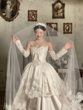 Vintage Ball Gown Strapless Satin Beaded With Sleeves Long Wedding Dresses HZ1024