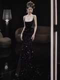 Sexy Mermaid Straps Sequin Long Black Prom Dress HZ1024