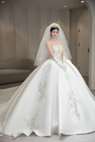 Timeless Ball Gown Strapless Satin Beaded With Gloves and Veil Long Wedding Dresses HZ1024