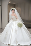Timeless Ball Gown Strapless Satin Beaded With Gloves and Veil Long Wedding Dresses HZ1024